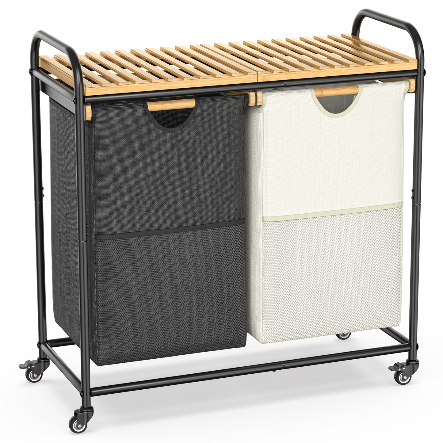 100L Bamboo Freestanding Laundry Hamper With Wheels, Storage Shelf and 2 Sliding Bag