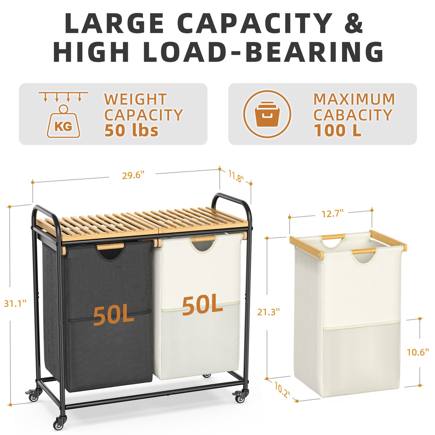 100L Bamboo Freestanding Laundry Hamper With Wheels, Storage Shelf and 2 Sliding Bag
