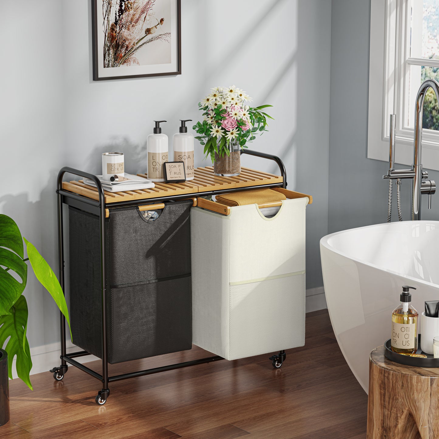 100L Bamboo Freestanding Laundry Hamper With Wheels, Storage Shelf and 2 Sliding Bag