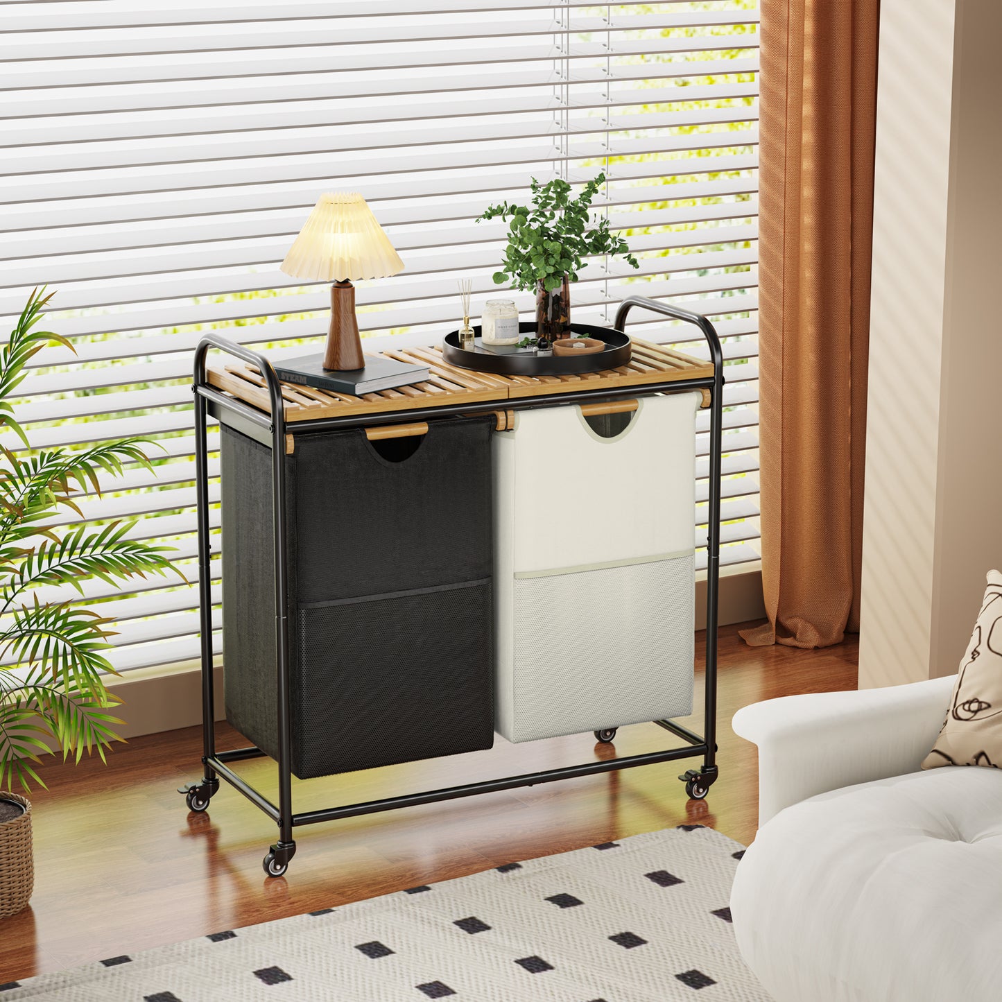 100L Bamboo Freestanding Laundry Hamper With Wheels, Storage Shelf and 2 Sliding Bag