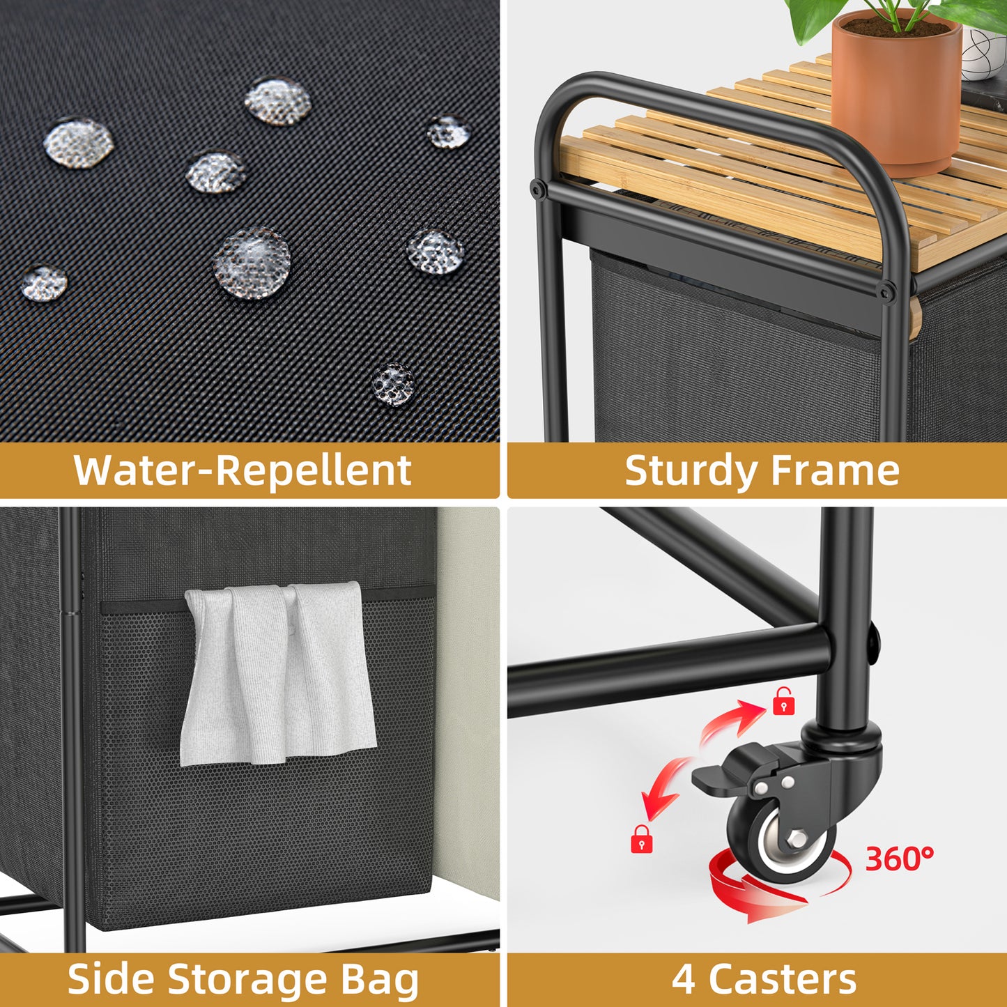 100L Bamboo Freestanding Laundry Hamper With Wheels, Storage Shelf and 2 Sliding Bag