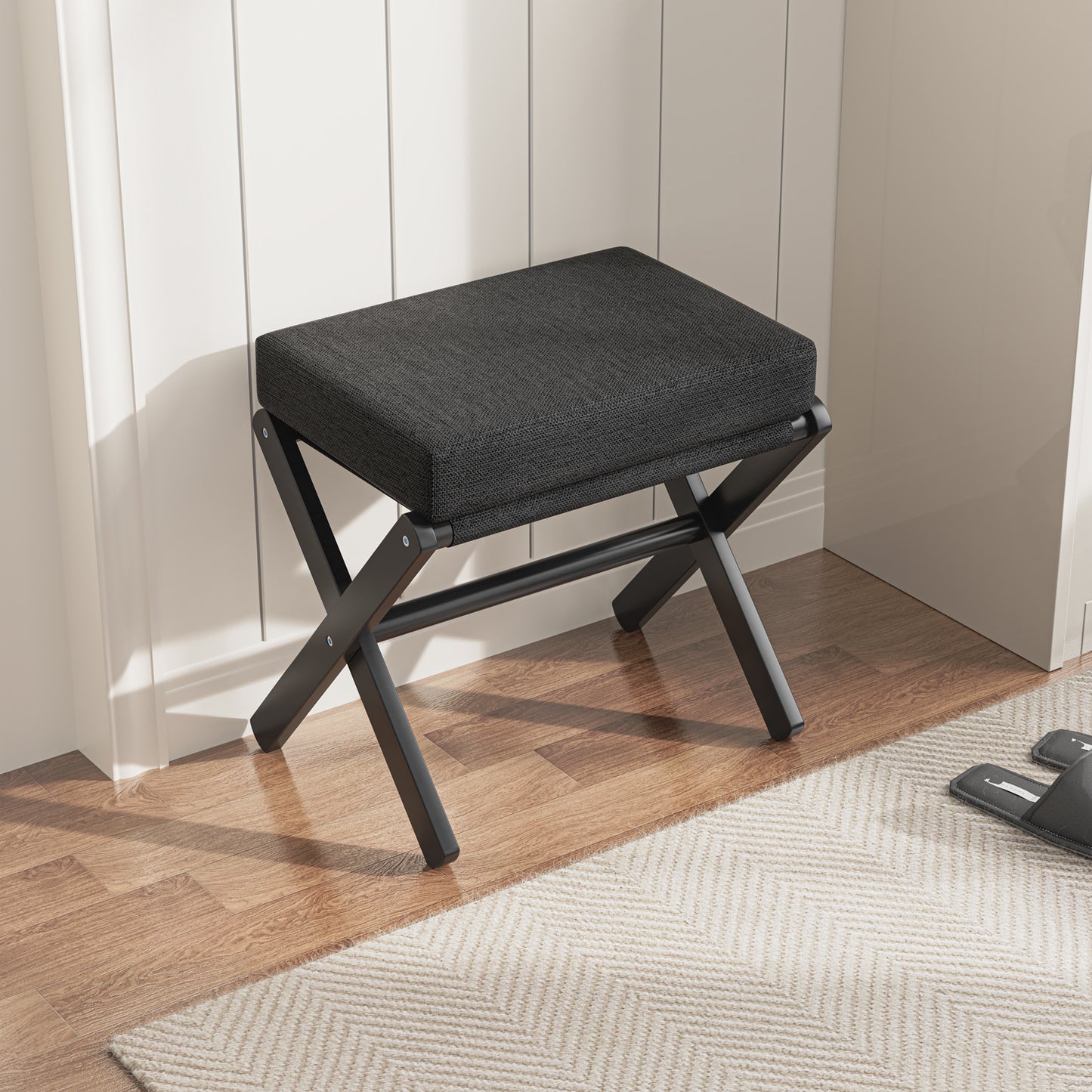 Folding Rectangle Standard Tufted Upholstered Ottoman Stool With Solid Wood Legs (Black)