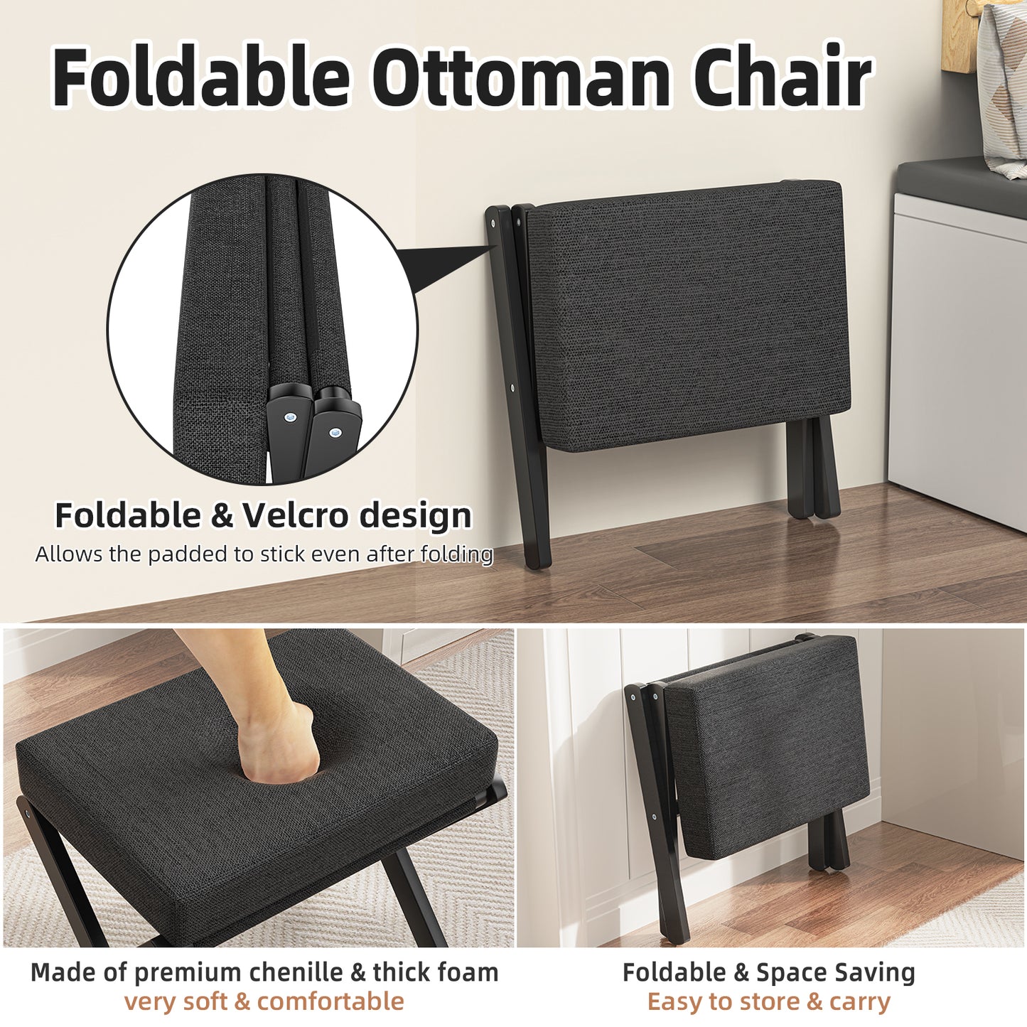 Folding Rectangle Standard Tufted Upholstered Ottoman Stool With Solid Wood Legs (Black)