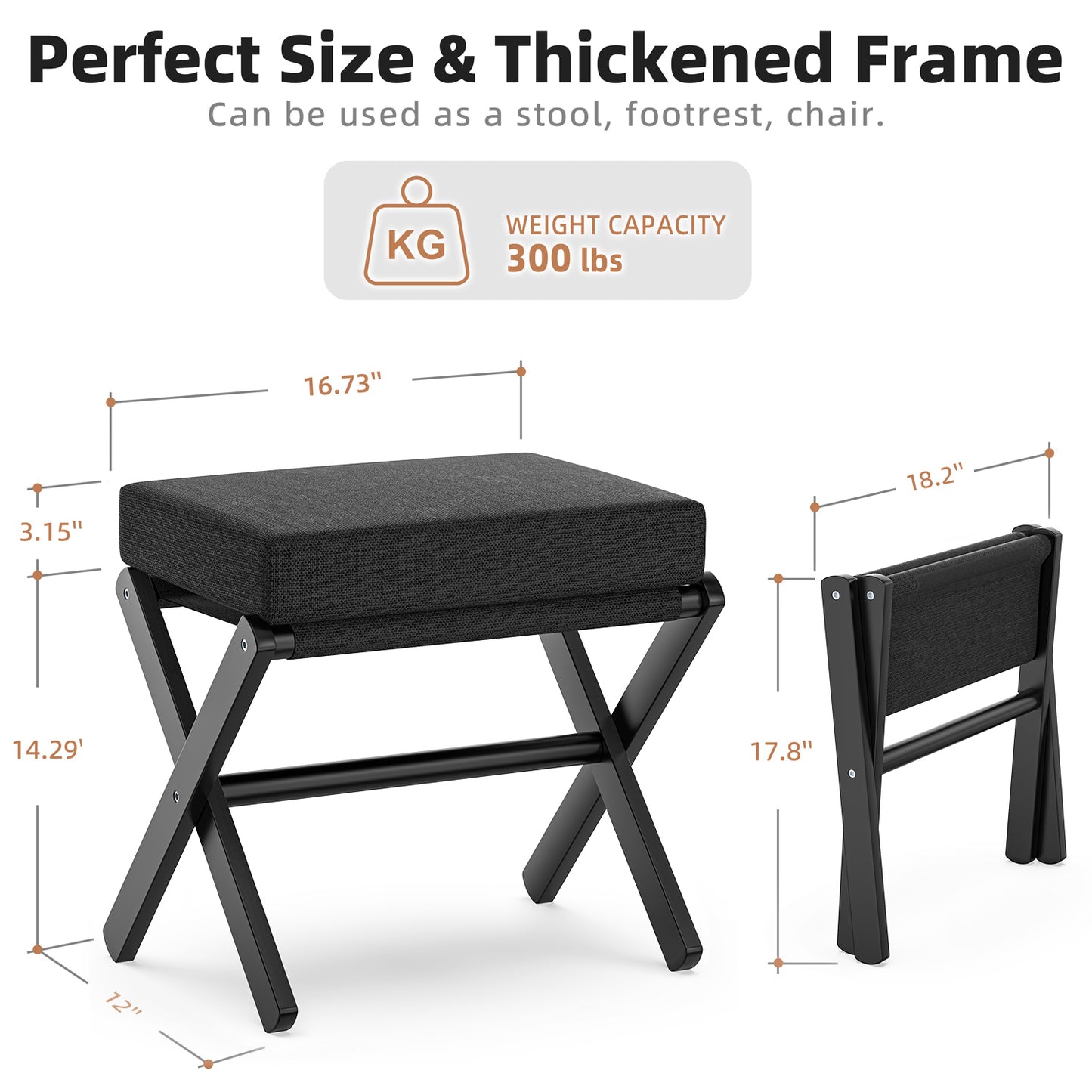 Folding Rectangle Standard Tufted Upholstered Ottoman Stool With Solid Wood Legs (Black)