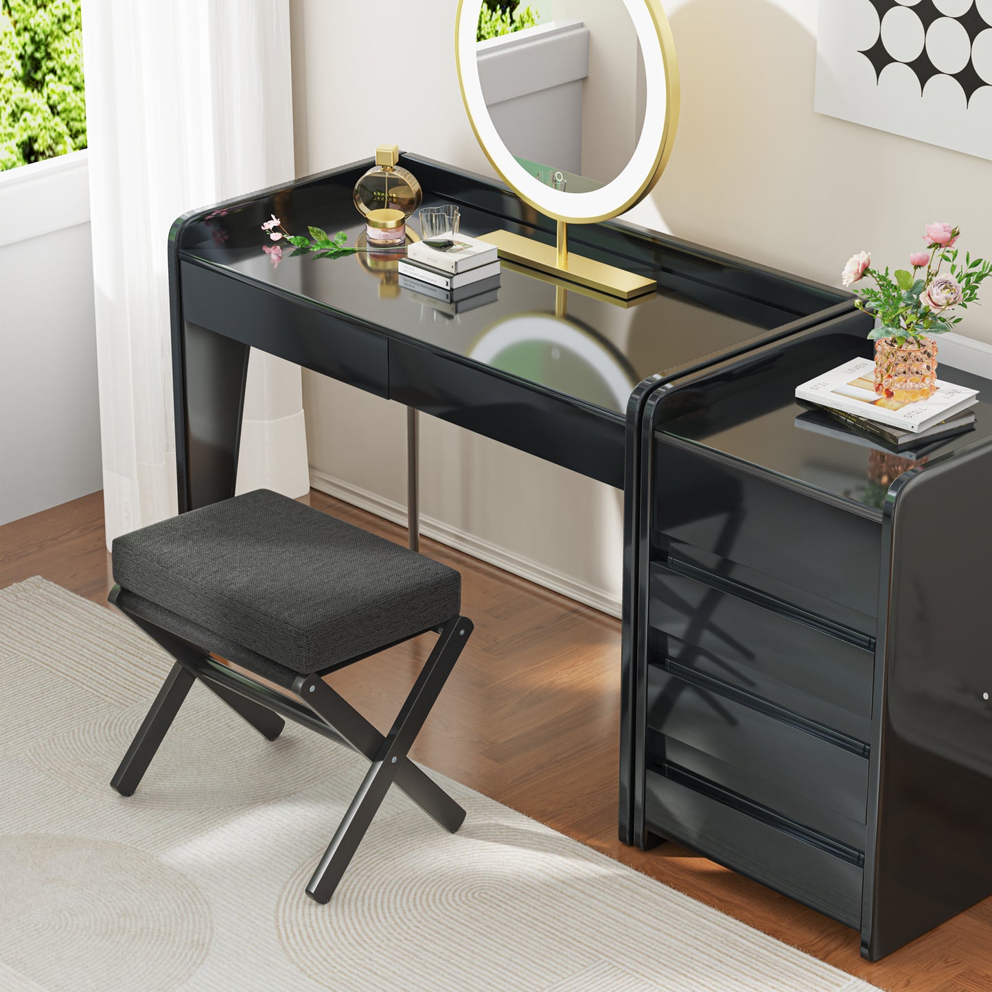 Folding Rectangle Standard Tufted Upholstered Ottoman Stool With Solid Wood Legs (Black)