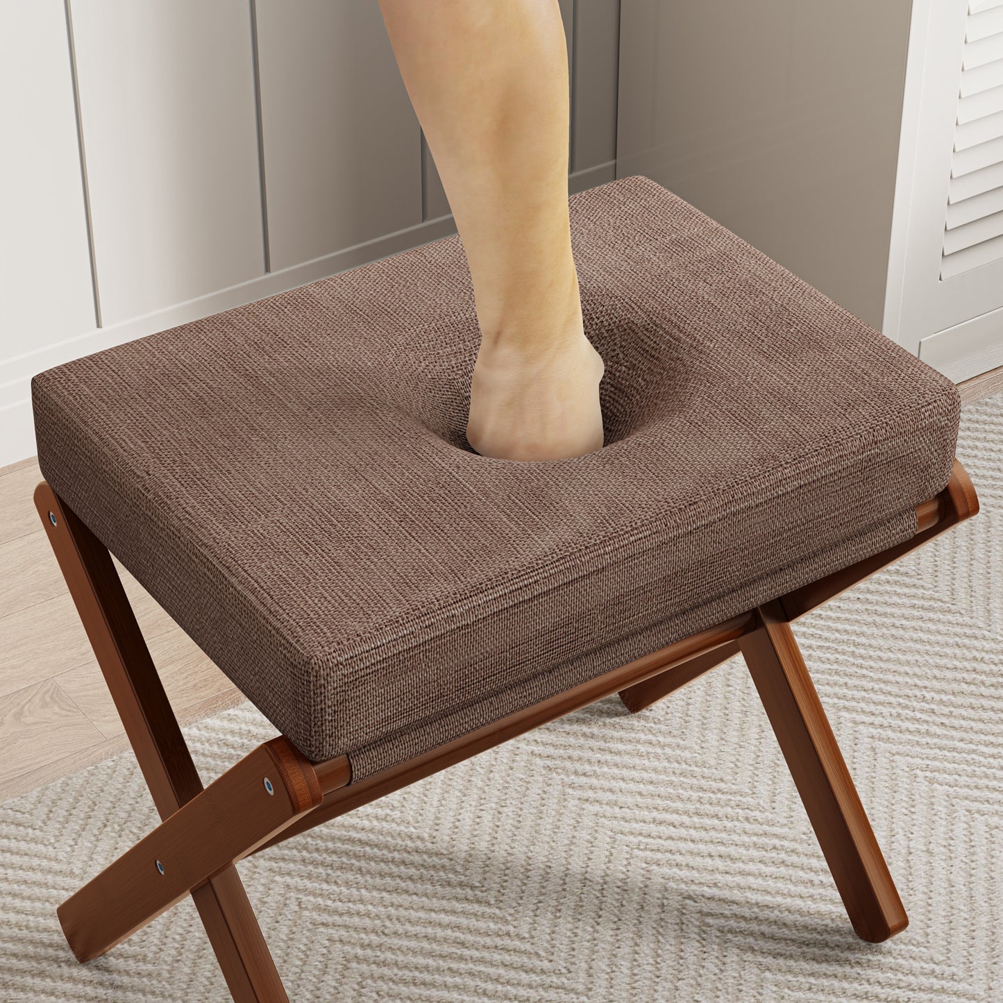 Folding Rectangle Standard Tufted Upholstered Ottoman Stool With Solid Wood Legs (Dark Brown)