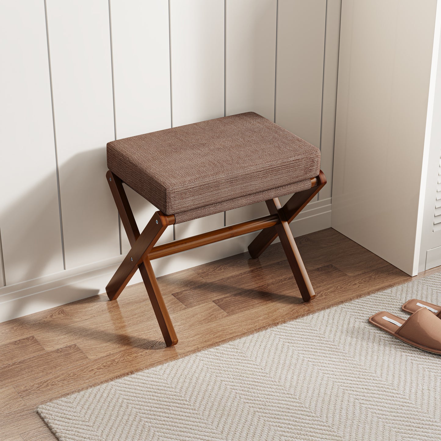 Folding Rectangle Standard Tufted Upholstered Ottoman Stool With Solid Wood Legs (Dark Brown)