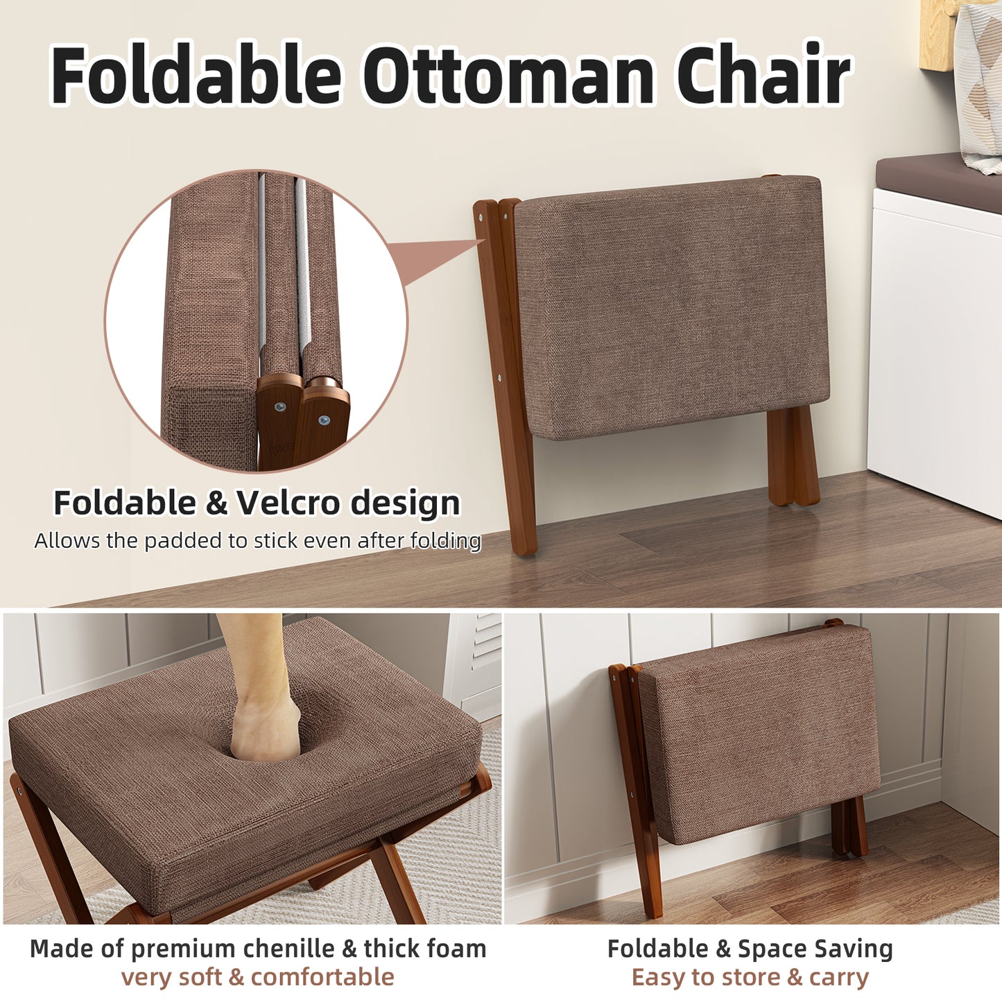 Folding Rectangle Standard Tufted Upholstered Ottoman Stool With Solid Wood Legs (Dark Brown)