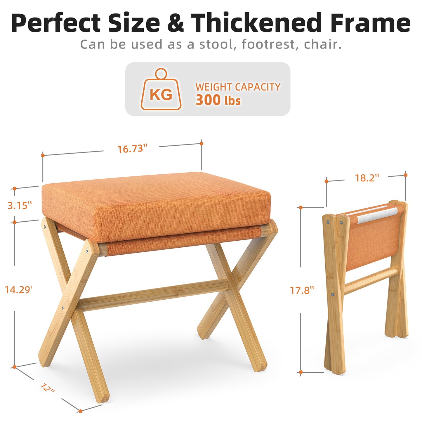 Folding Rectangle Standard Tufted Upholstered Ottoman Stool With Solid Wood Legs (Orange)