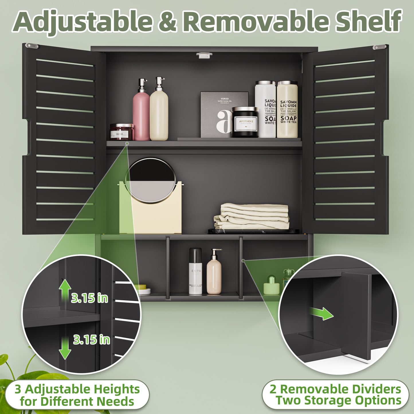 Removable Bamboo Two-Door Wall Mounted Bathroom Cabinet (Black)