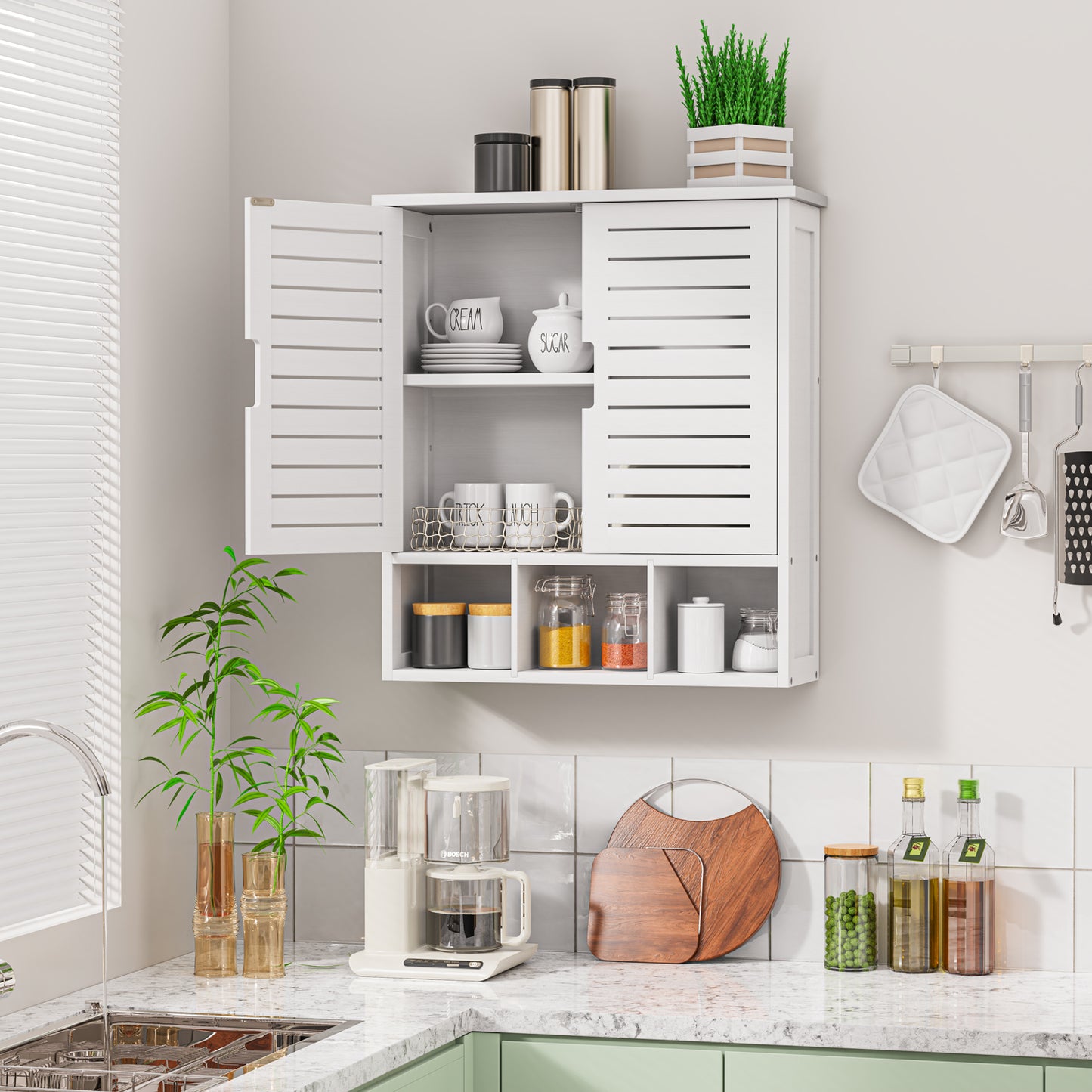 Removable Bamboo Two-Door Wall Mounted Bathroom Cabinet (White)