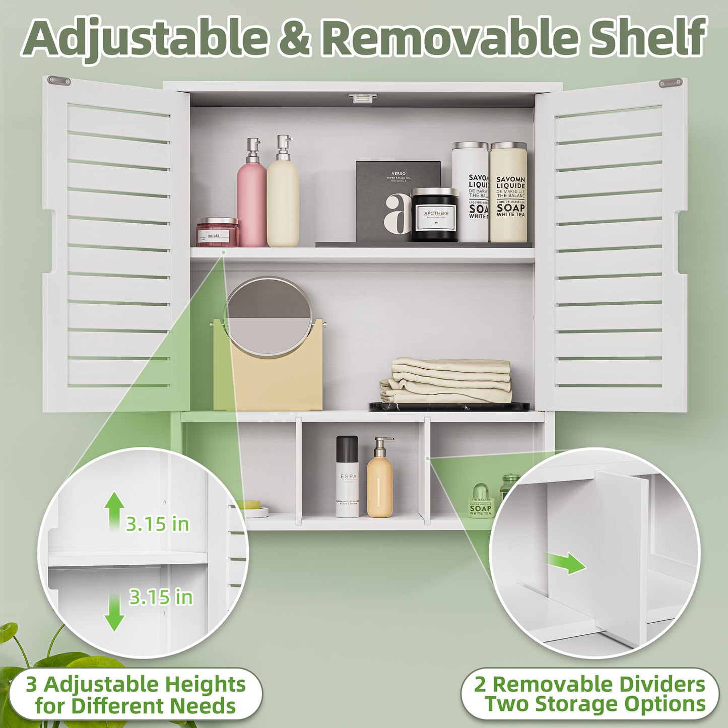 Removable Bamboo Two-Door Wall Mounted Bathroom Cabinet (White)