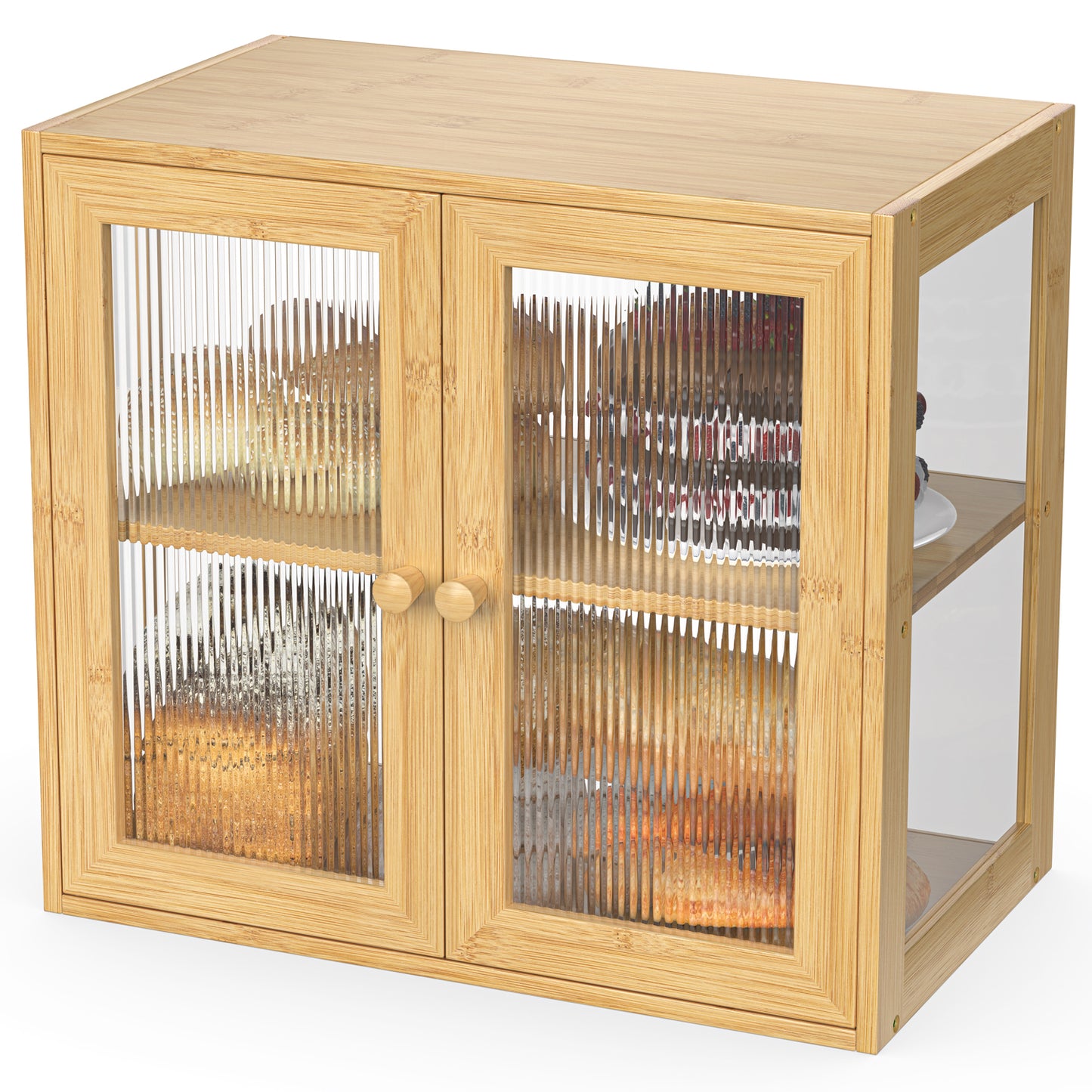 Bamboo Bread Box with 3 Sides Wavy & Back Clear Window (2 Tier 2 Doors)