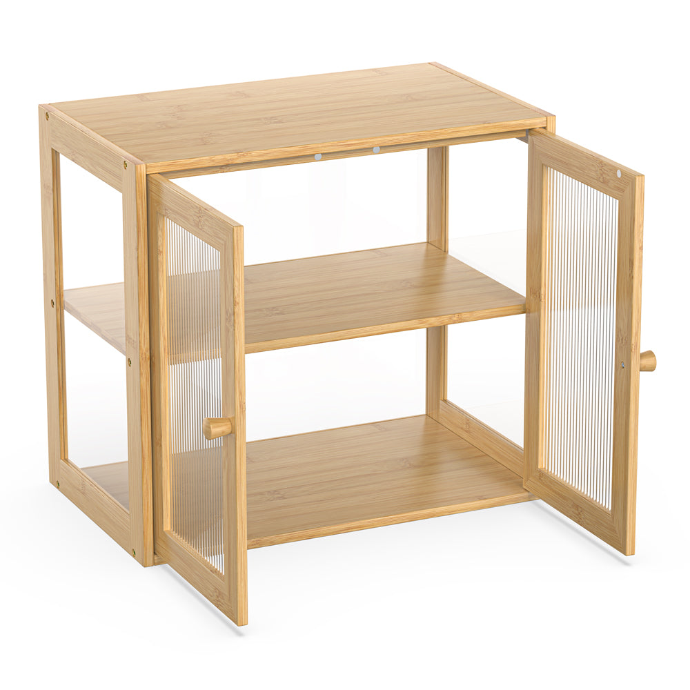 Bamboo Bread Box with 3 Sides Wavy & Back Clear Window (2 Tier 2 Doors)