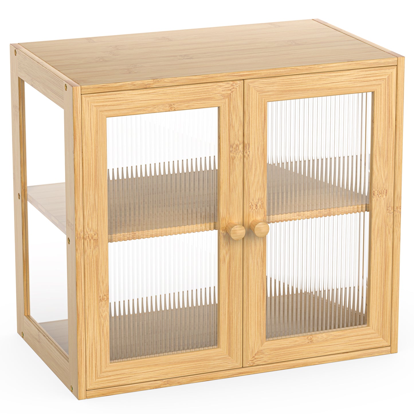 Bamboo Bread Box with 3 Sides Wavy & Back Clear Window (2 Tier 2 Doors)