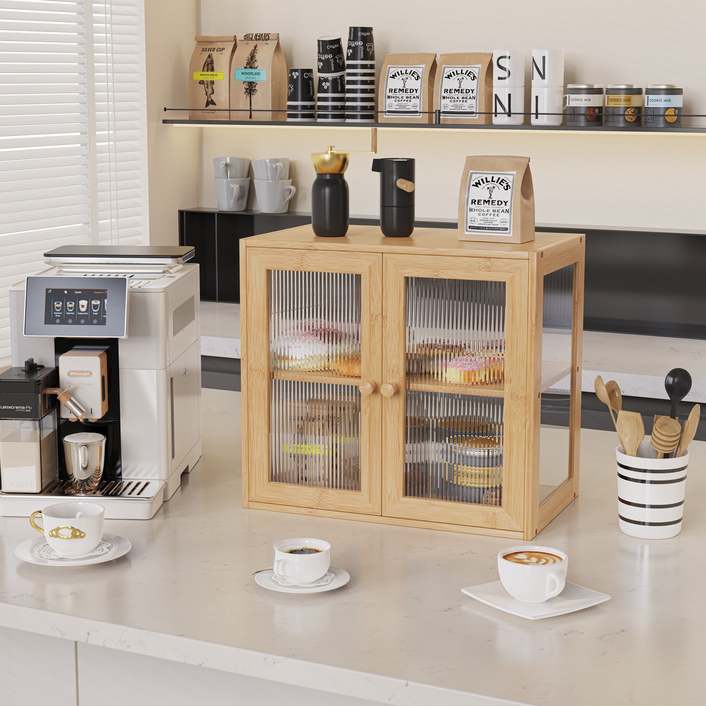 Bamboo Bread Box with 3 Sides Wavy & Back Clear Window (2 Tier 2 Doors)