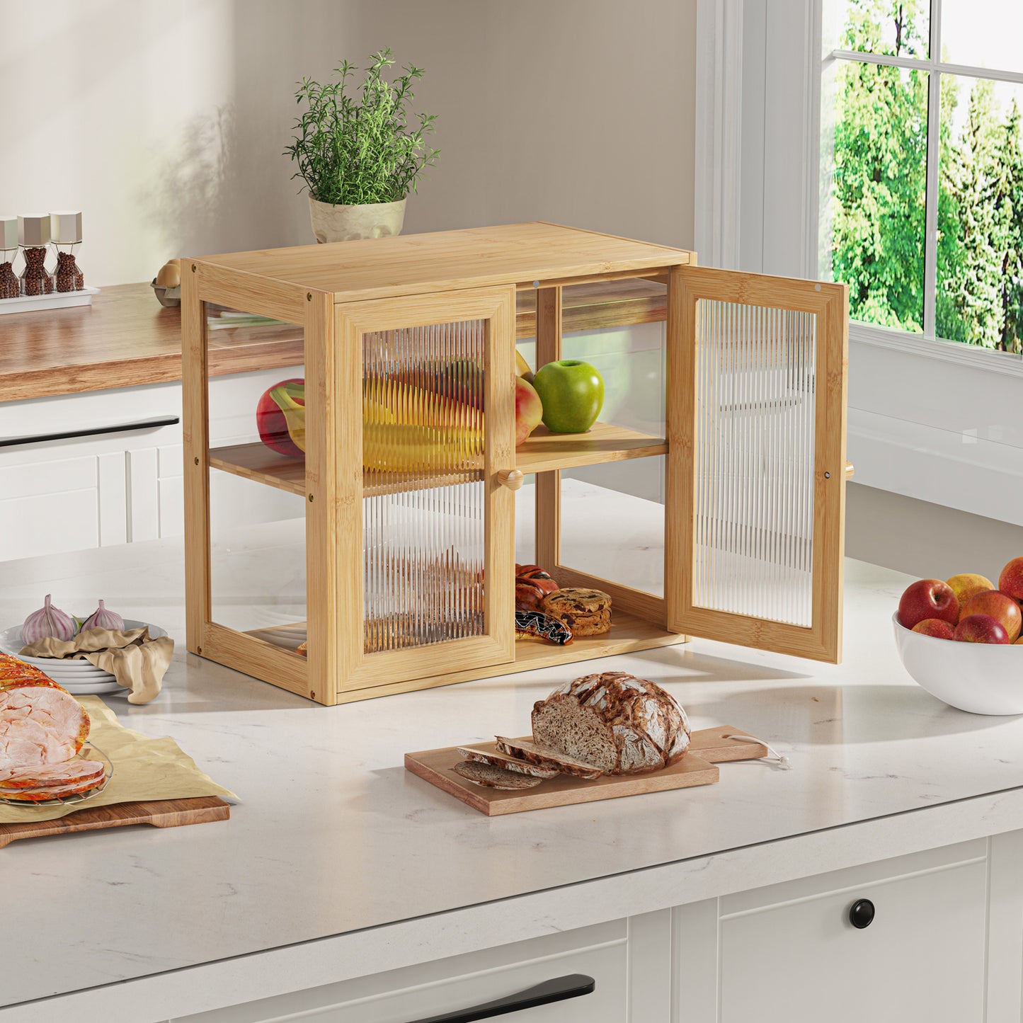 Bamboo Bread Box with 3 Sides Wavy & Back Clear Window (2 Tier 2 Doors)