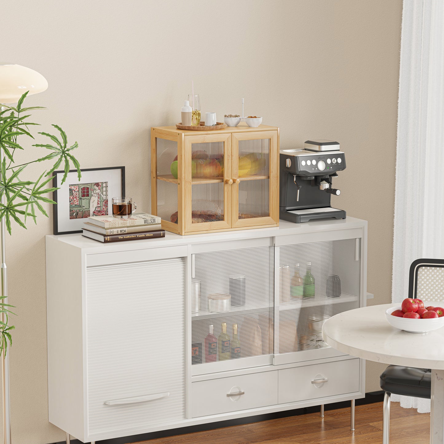 Bamboo Bread Box with 3 Sides Wavy & Back Clear Window (2 Tier 2 Doors)