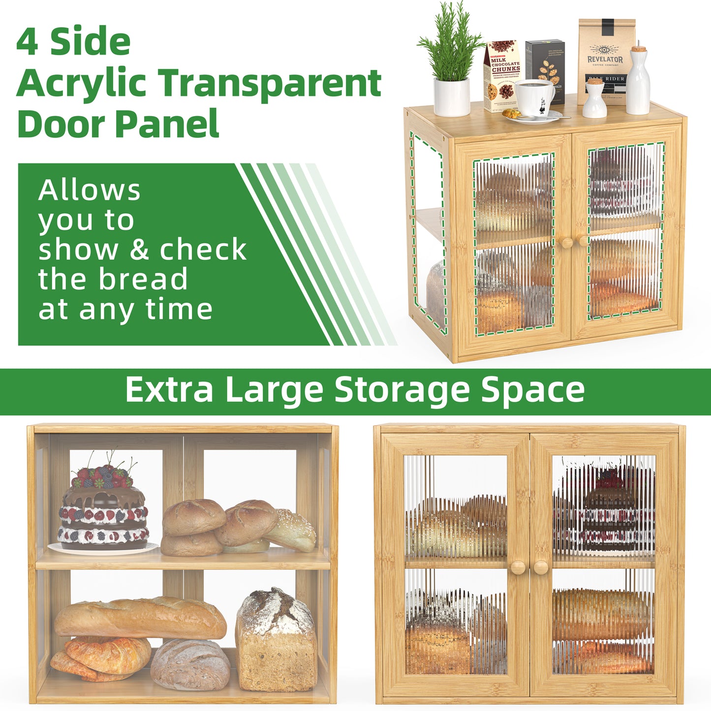 Bamboo Bread Box with 3 Sides Wavy & Back Clear Window (2 Tier 2 Doors)