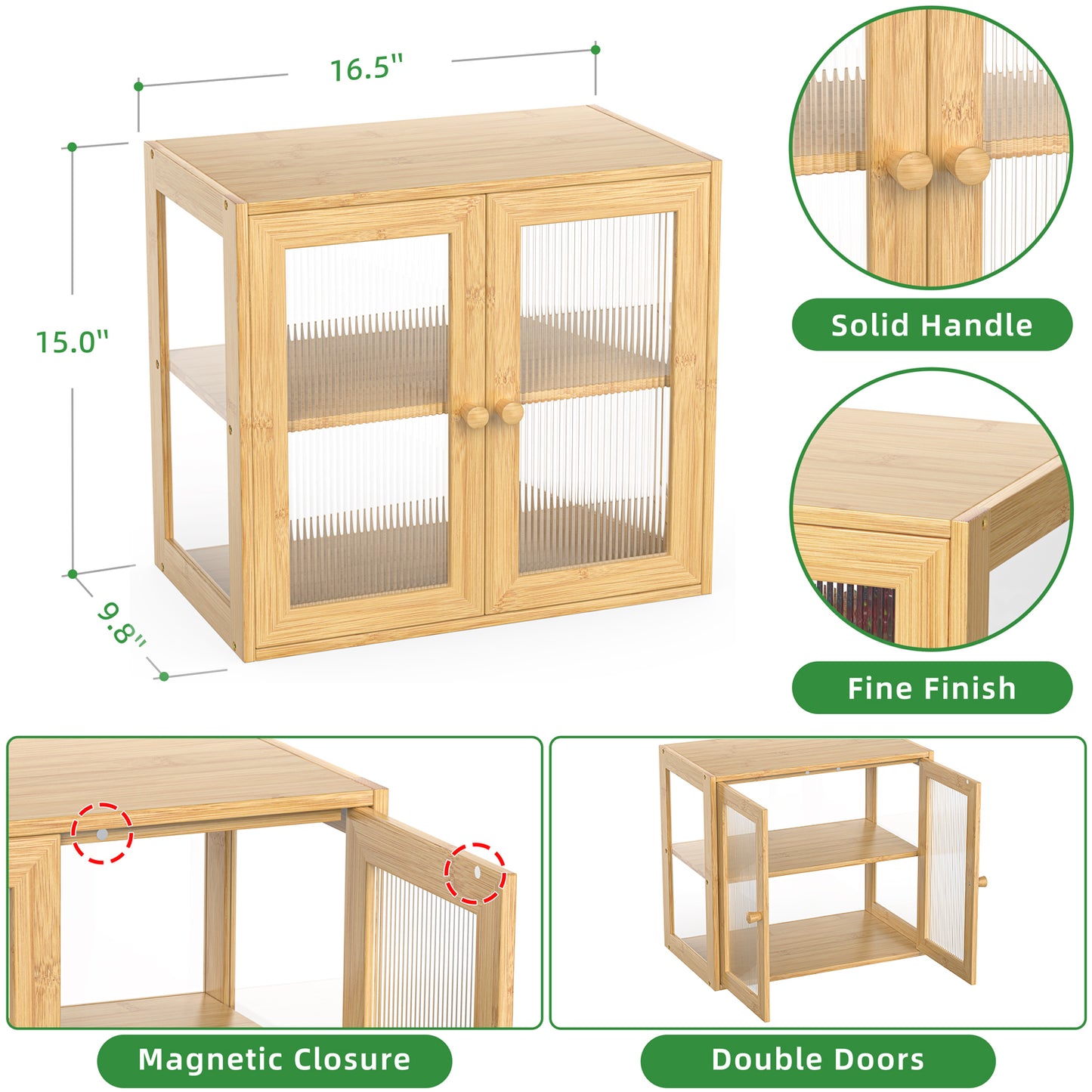 Bamboo Bread Box with 3 Sides Wavy & Back Clear Window (2 Tier 2 Doors)