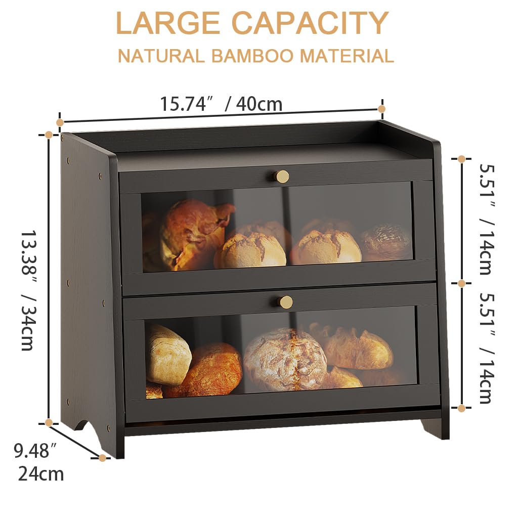 Bread Box for Kitchen Countertop, Extra Large Bamboo Bread Storage Container for Homemade Bread, Double Layer Breadox, Bread Bin Organizer for Counter Cabinet Pantry, Black