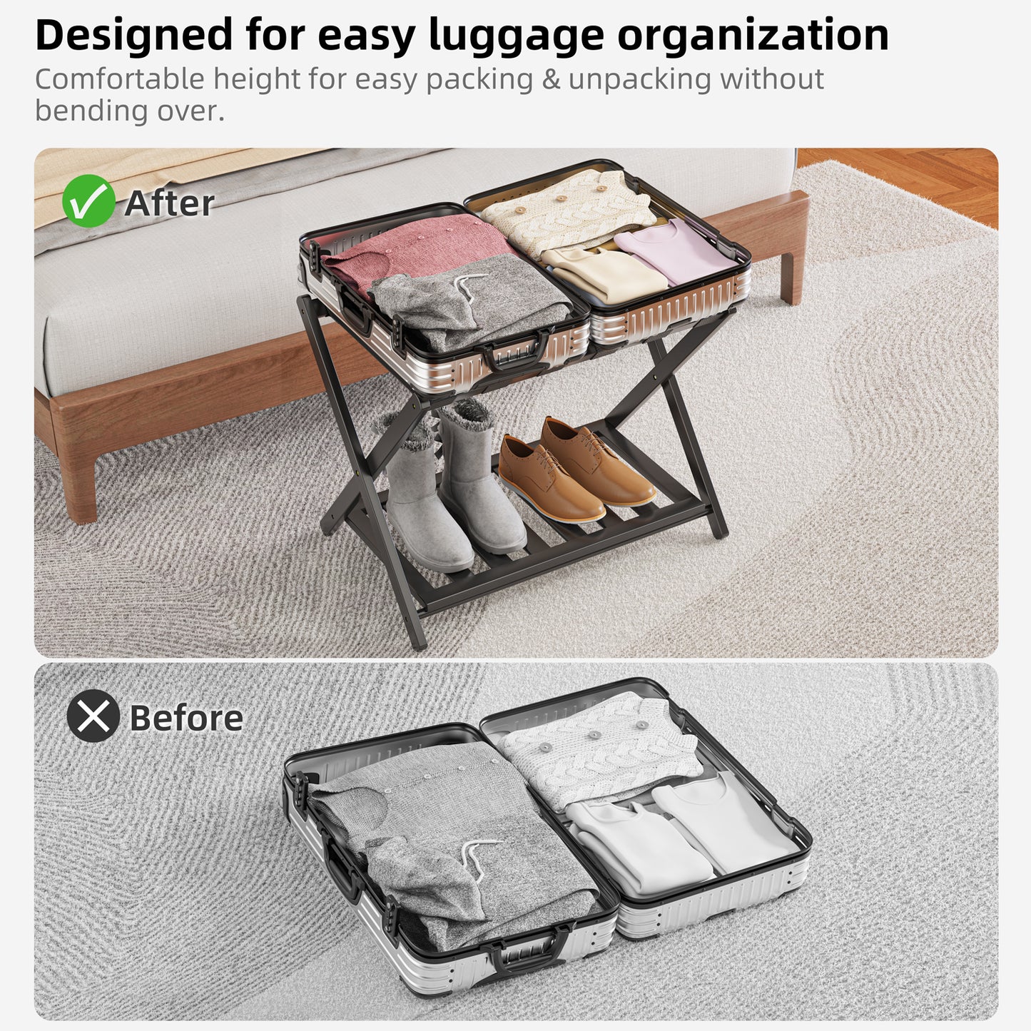 2 Pack Bamboo Luggage Rack for Guest Room, 26.77" Folding Wide Suitcase Stand with Storage Shelf, Thickened Luggage Stand Holder for Bedroom Hotel, Luggage Rack for Suitcases (Black)