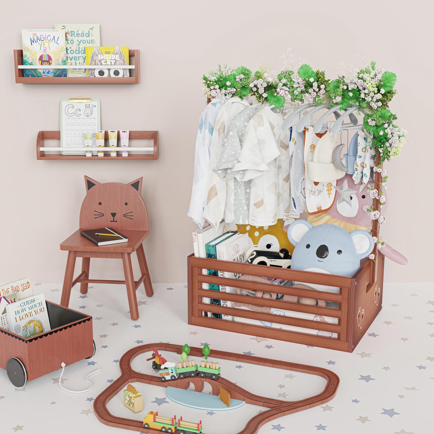 Baby Shower Crate Closet, Baby Baskets with Hangers Handle, Baby Crate Box for Baby Shower, Welcome Gift Basket for Newborn Baby, Pregnancy Gift for New Parents (Natural, Large Size)
