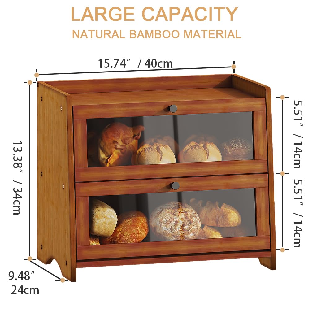 Bread Box for Kitchen Countertop, Extra Large Bamboo Bread Storage Container for Homemade Bread, Double Layer Sourdough Breadox, Bread Bin Organizer for Counter Cabinet Pantry, Brown