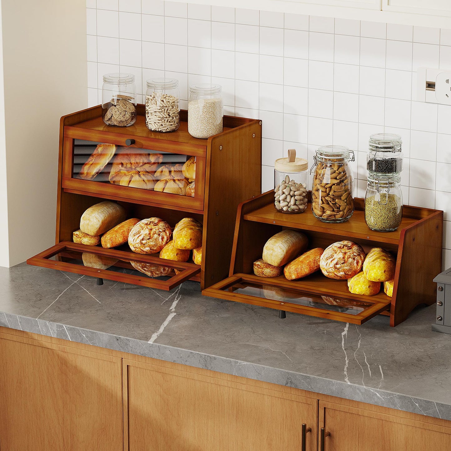 Bread Box for Kitchen Countertop, Extra Large Bamboo Bread Storage Container for Homemade Bread, Double Layer Sourdough Breadox, Bread Bin Organizer for Counter Cabinet Pantry, Brown
