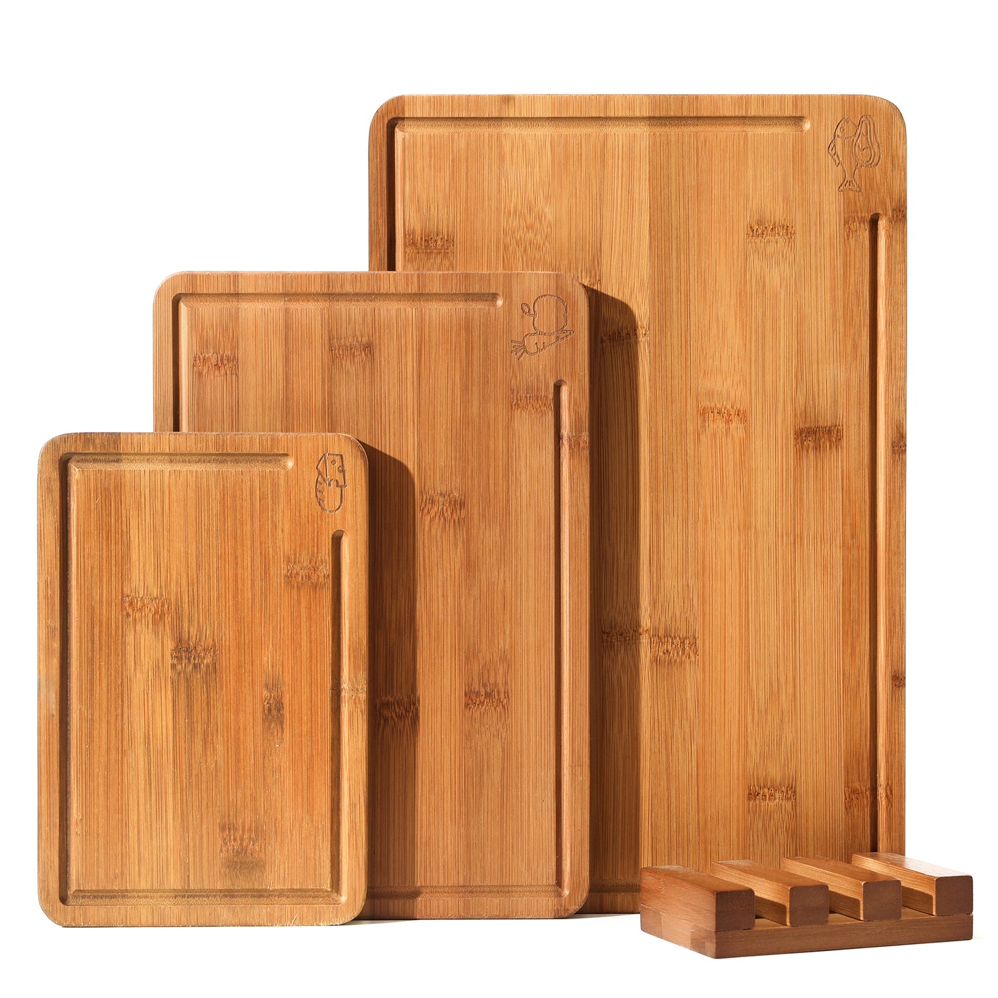 Bamboo Cutting Board for Kitchen with Juice Groove, Dark Butcher Block Chopping Boards, Checkered Wooden Cutting Boards Set of 3 with Stand, Knife-Friendly, Serving Tray
