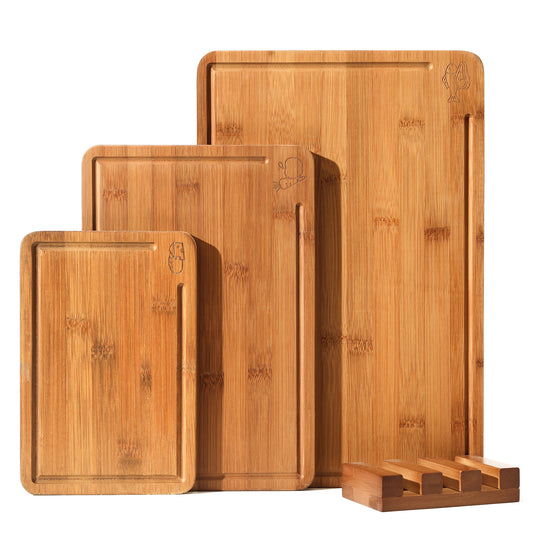 Bamboo Cutting Board for Kitchen with Juice Groove, Dark Butcher Block Chopping Boards, Checkered Wooden Cutting Boards Set of 3 with Stand, Knife-Friendly, Serving Tray