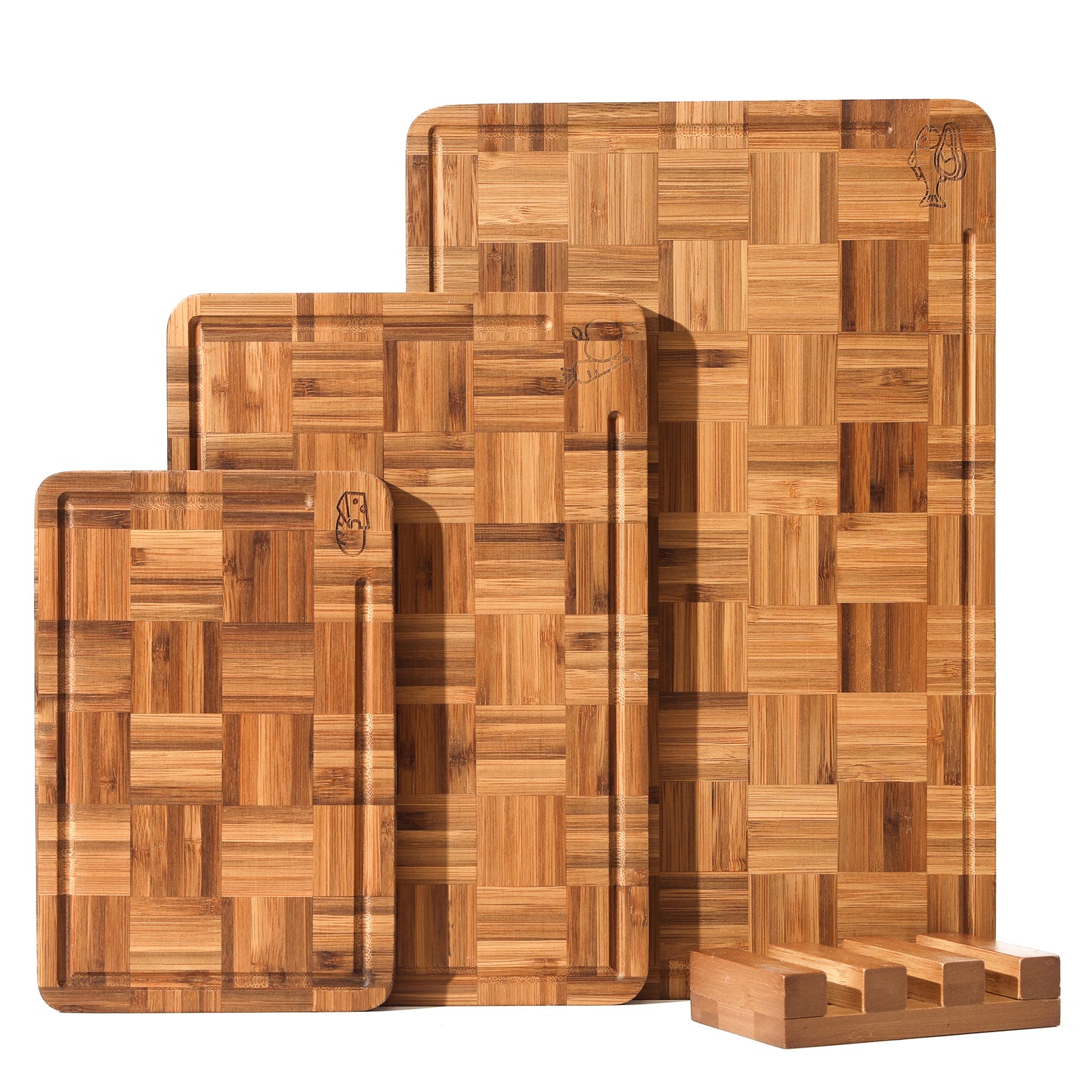 Bamboo Cutting Board for Kitchen with Juice Groove, End-Grain Butcher Block Chopping Boards, Checkered Wooden Cutting Boards Set of 3 with Stand, Knife-Friendly, Serving Tray