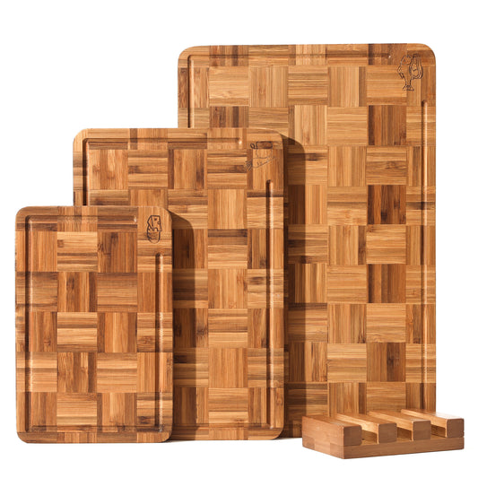 Bamboo Cutting Board for Kitchen with Juice Groove, End-Grain Butcher Block Chopping Boards, Checkered Wooden Cutting Boards Set of 3 with Stand, Knife-Friendly, Serving Tray