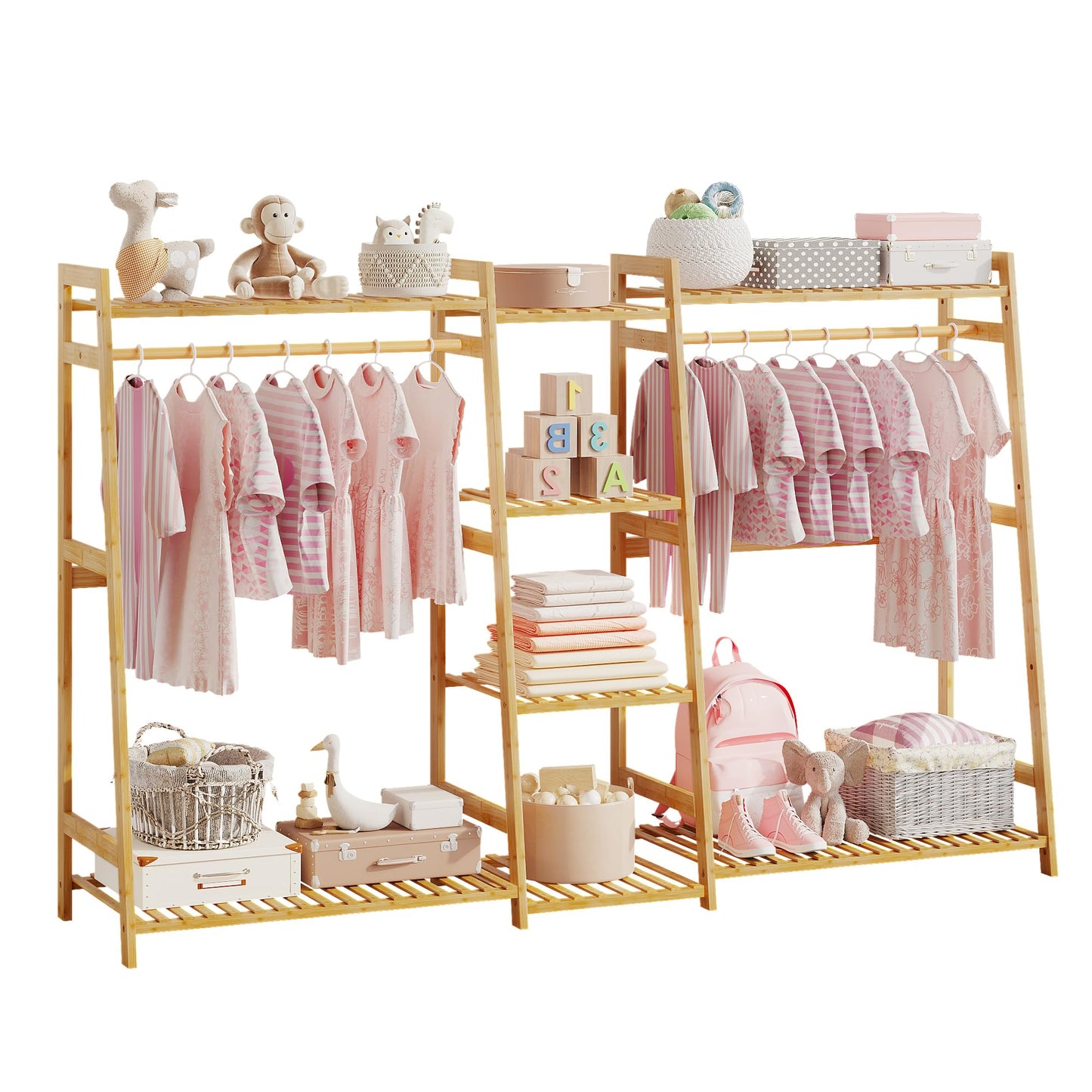 Kids Clothing Rack with Shelves, Bamboo Clothes Garment Rack for Kids Child Baby, Kids Dress Up Storage Rack with Top Shelf, Toddlers Wardrobe Closet for Nursery (Large Size)