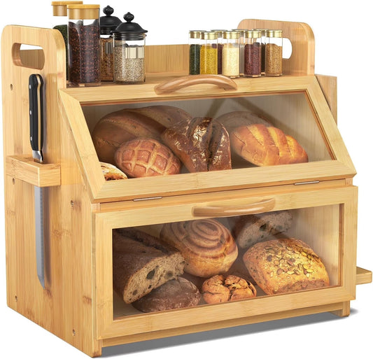Extra Large Double Layer Bamboo Bread Box with Tool Holder - Natural