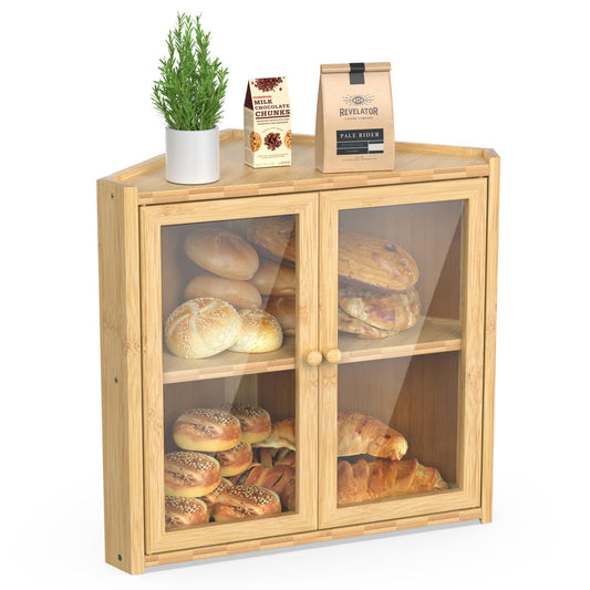 Bread Box, Double Layer Bamboo Bread Bin for Homemade Bread Bakers and Corner Kitchen Countertop with Double Doors, Not Suitable for Oversized Loaves, Natural