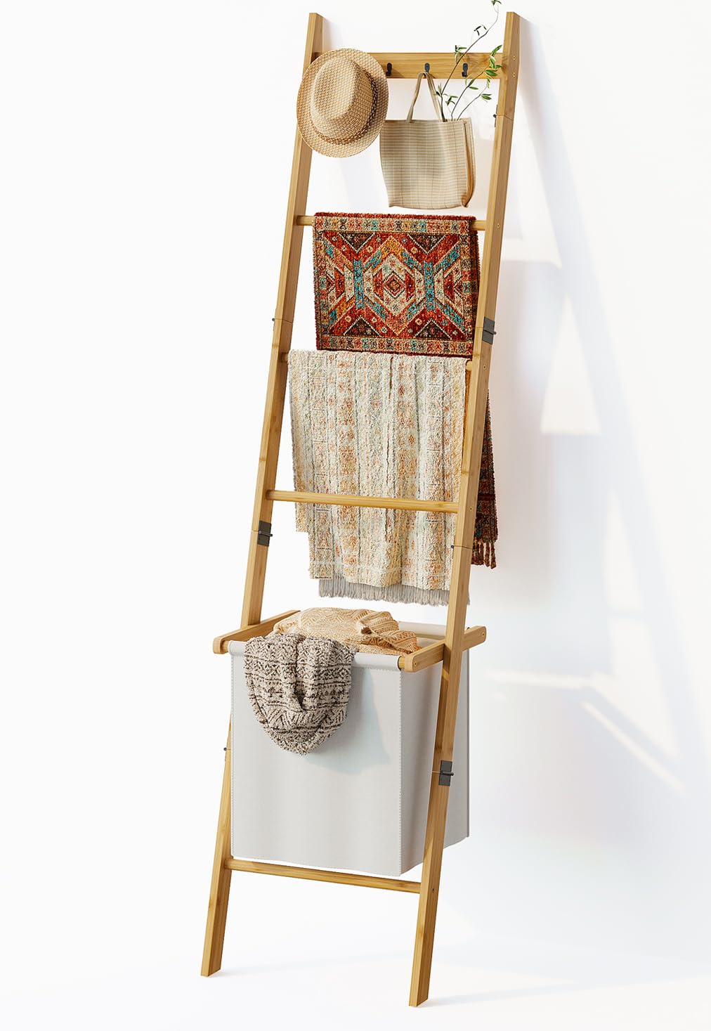 Bamboo Blanket Ladder with Basket, 5-Tier Quilt Rack Stand with 4 Hooks & Storage Hamper for Living Room Bathroom, Wall Leaning Decorative Ladder Shelf for Blankets Display (Natural)