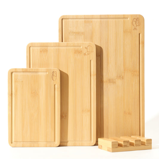 Bamboo Cutting Board for Kitchen with Juice Groove, Natural Butcher Block Chopping Boards, Checkered Wooden Cutting Boards Set of 3 with Stand, Knife-Friendly, Serving Tray
