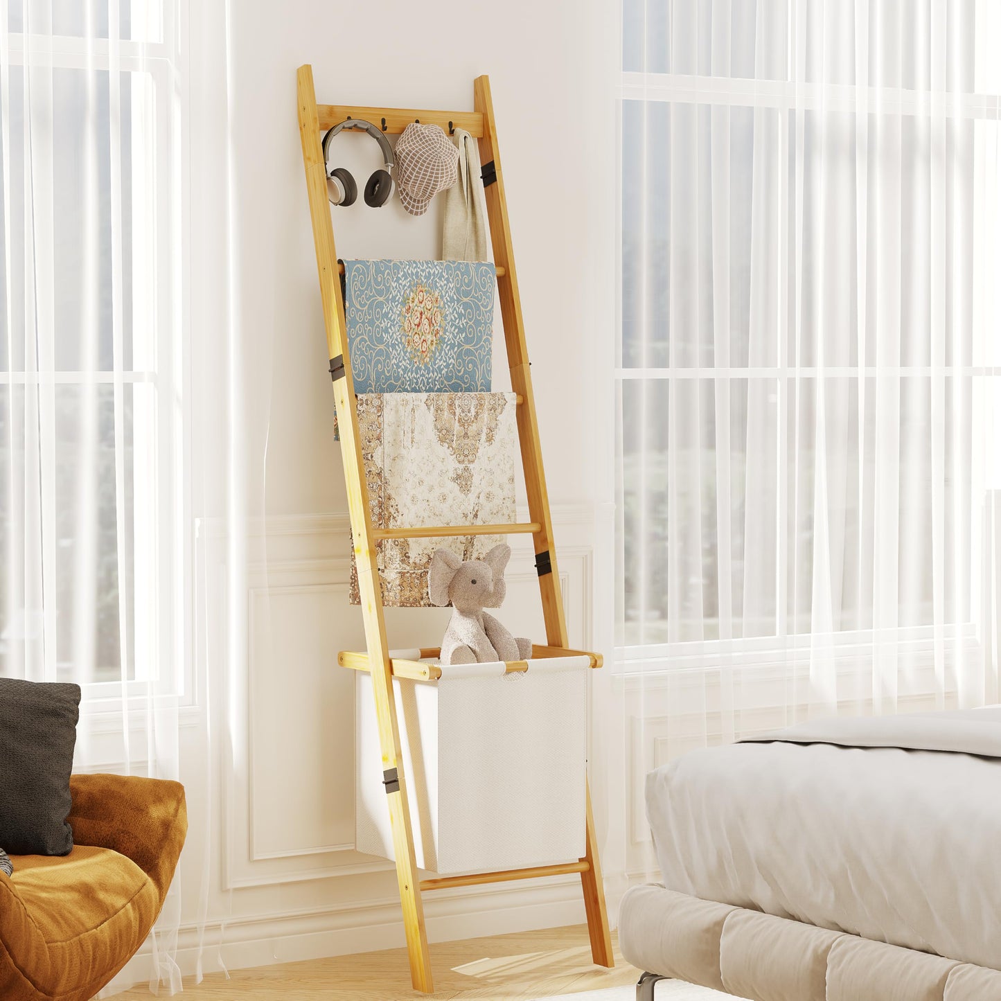 Bamboo Blanket Ladder with Basket, 5-Tier Quilt Rack Stand with 4 Hooks & Storage Hamper for Living Room Bathroom, Wall Leaning Decorative Ladder Shelf for Blankets Display (Natural)