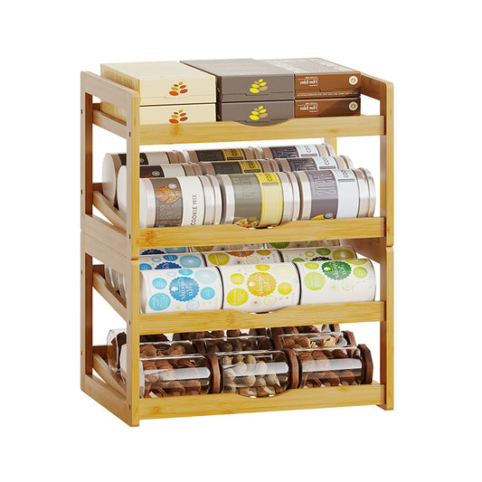 Can Organizer for Pantry, Detachable Bamboo 4 Tier Stackable Can Storage Rack, Rolling Soda Can Dispenser Can Holders for Cabinet, Holds Up to 48 Cans
