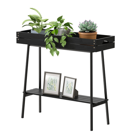 2-Tier Bamboo Plant Stand Table with Metal Legs (Black)