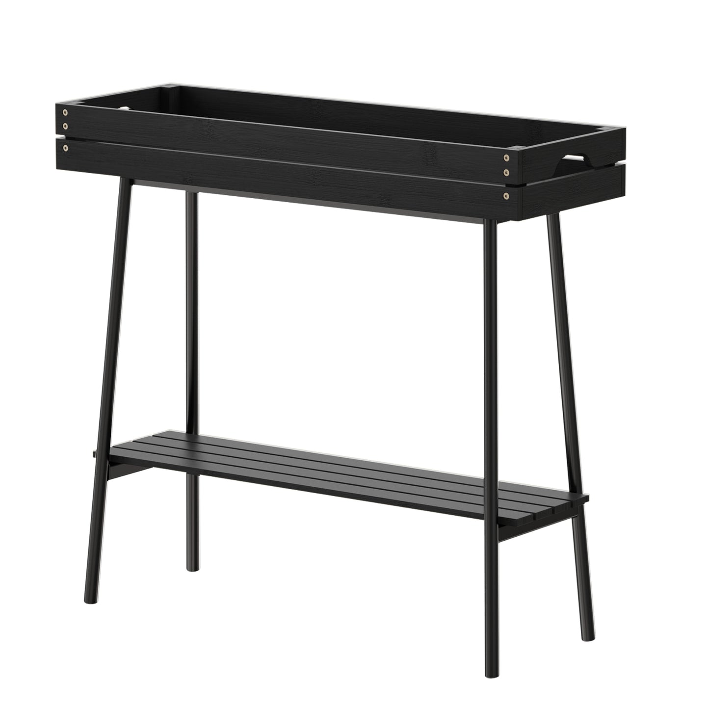 2-Tier Bamboo Plant Stand Table with Metal Legs (Black)