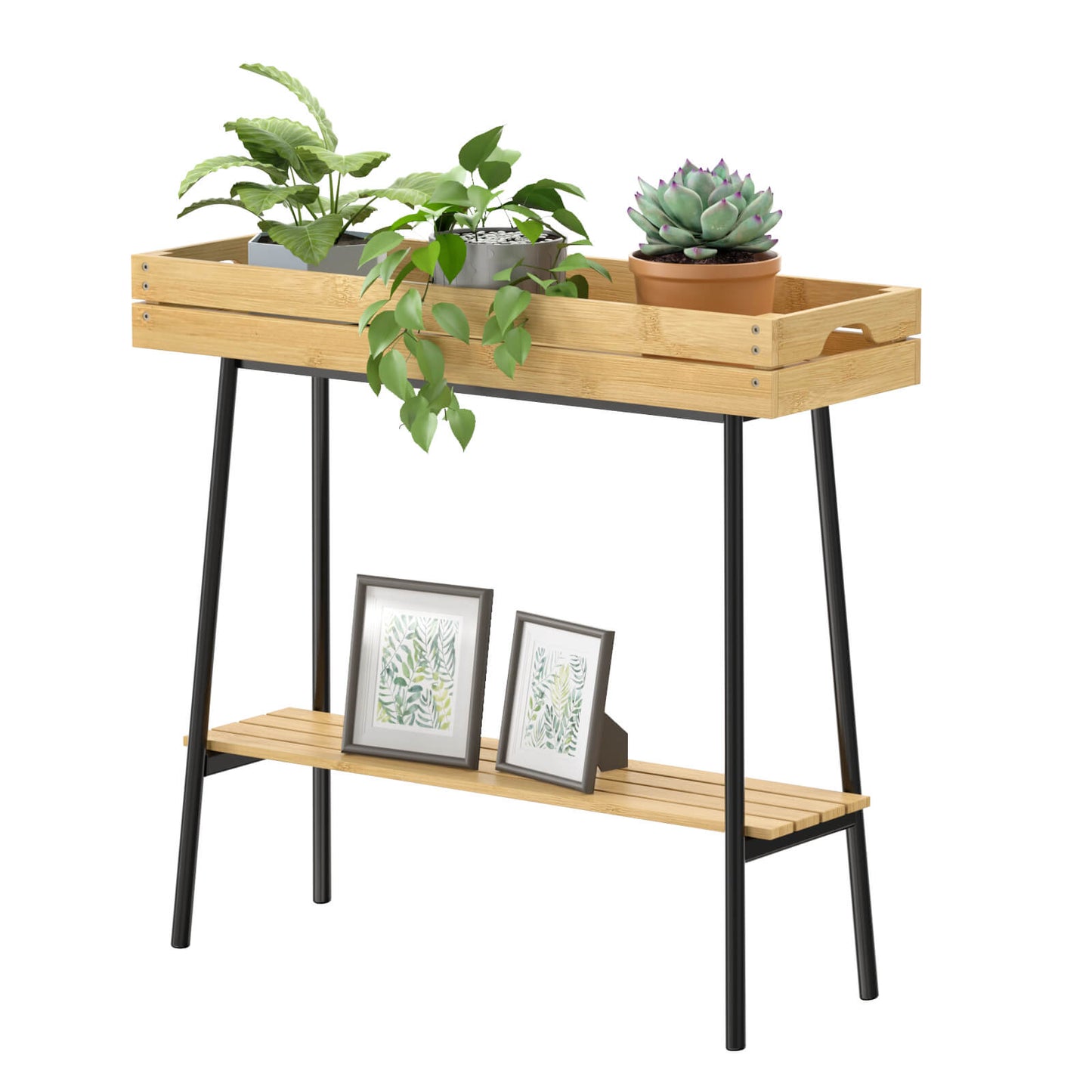 PLUSINTHEBOX 2-Tier Bamboo Plant Stand Table with Metal Legs