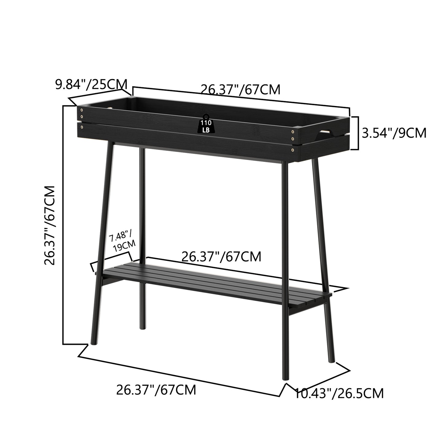 2-Tier Bamboo Plant Stand Table with Metal Legs (Black)
