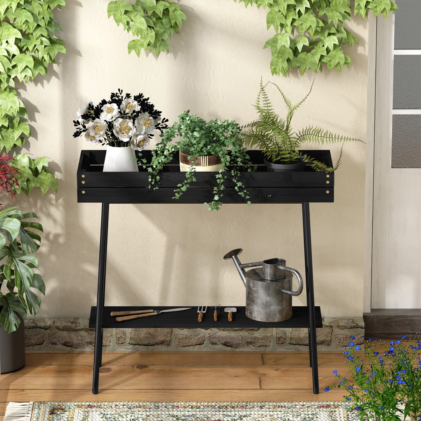 2-Tier Bamboo Plant Stand Table with Metal Legs (Black)