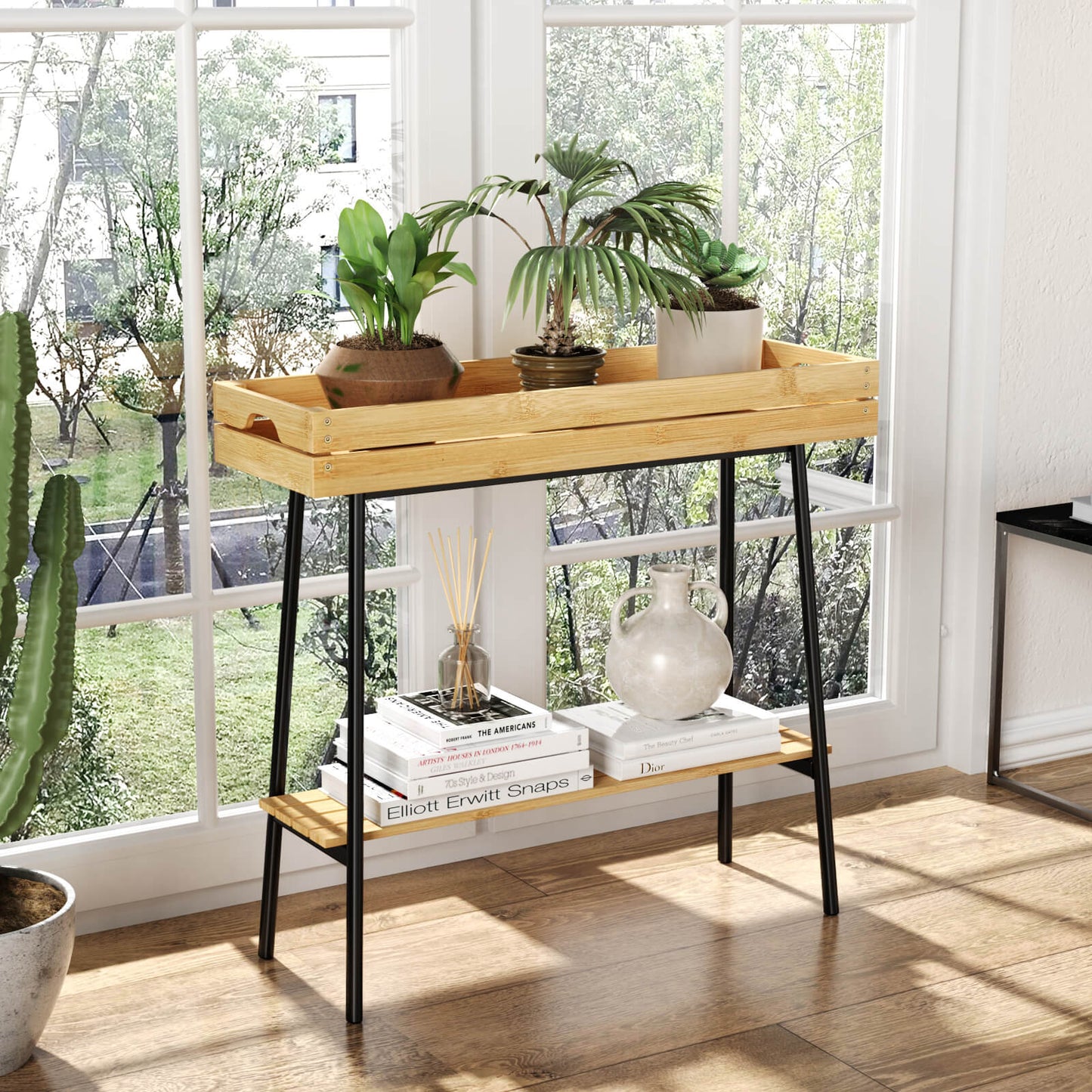 PLUSINTHEBOX 2-Tier Bamboo Plant Stand Table with Metal Legs