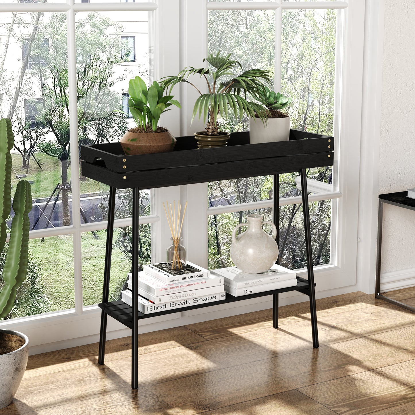2-Tier Bamboo Plant Stand Table with Metal Legs (Black)