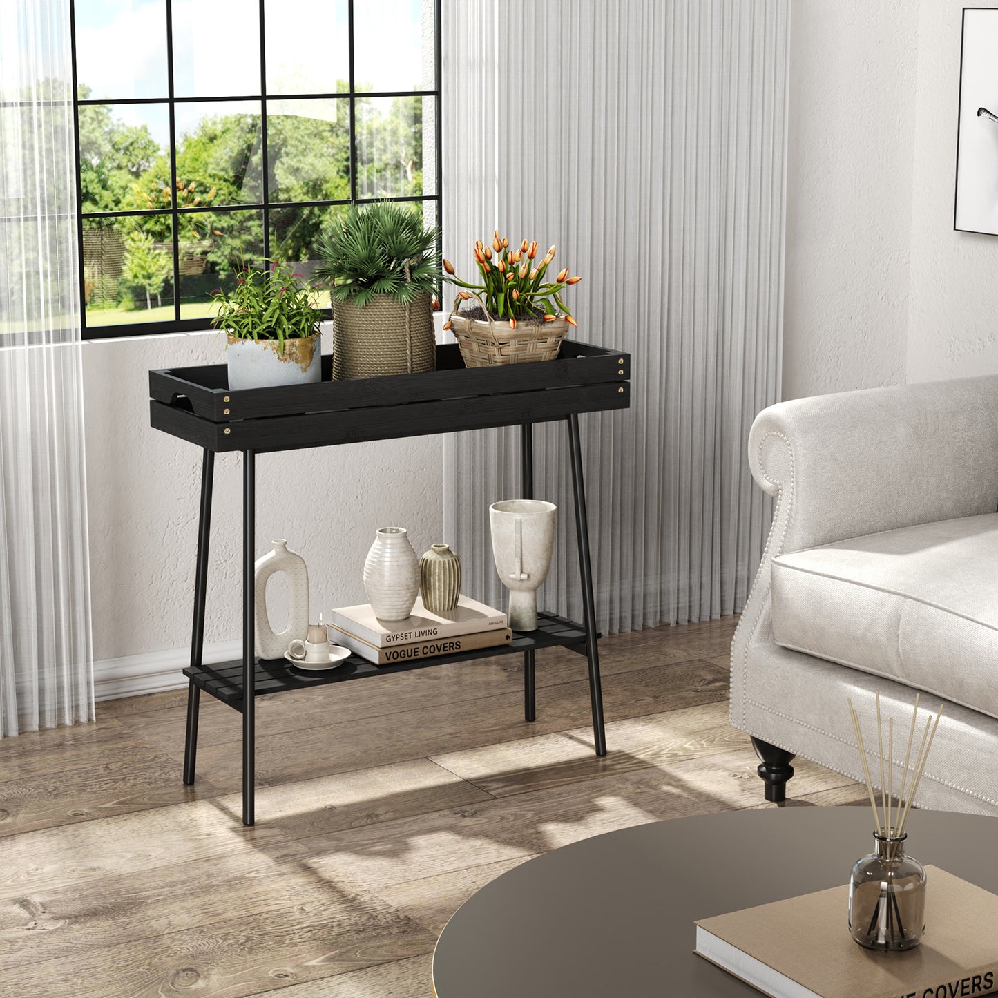 2-Tier Bamboo Plant Stand Table with Metal Legs (Black)