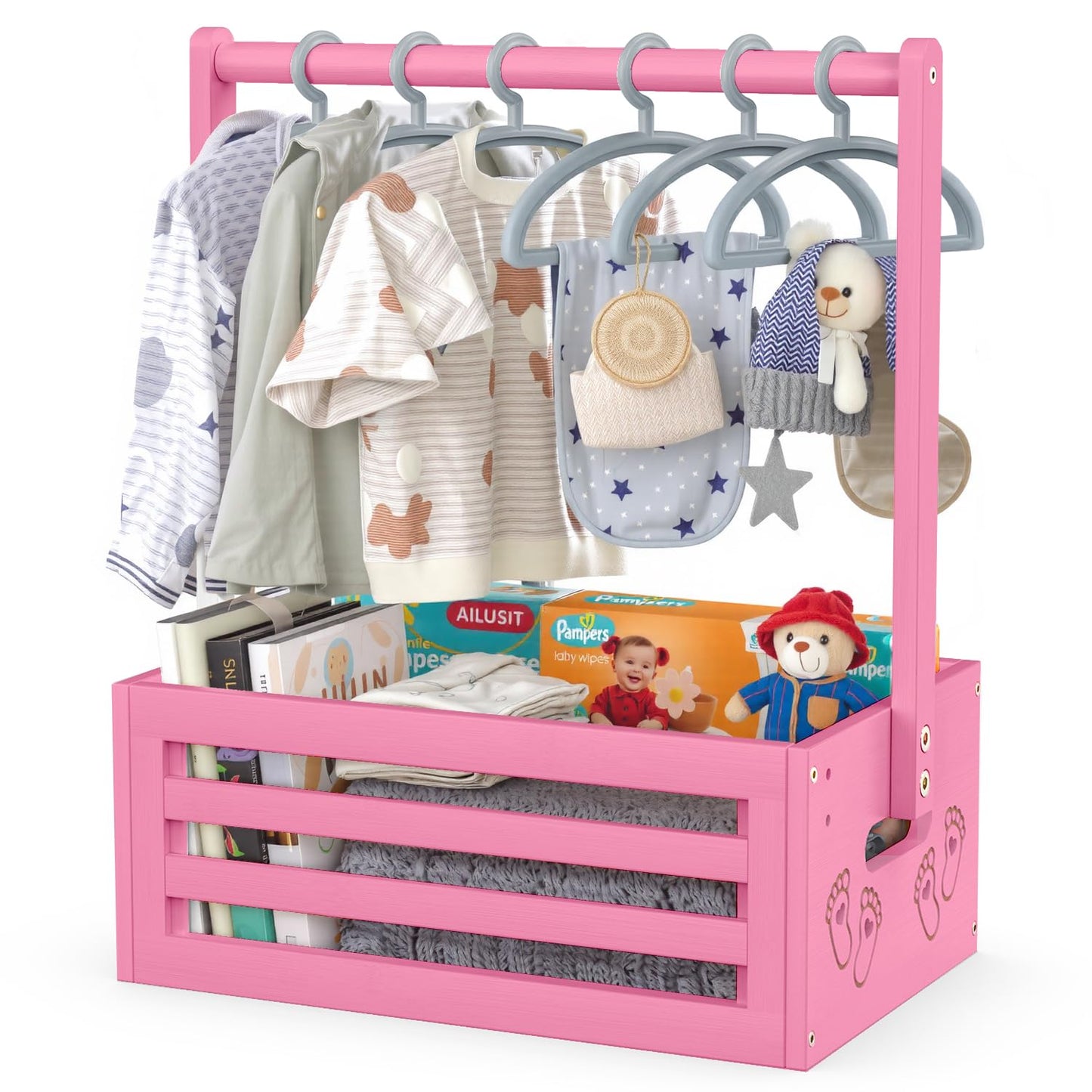 Baby Shower Crate Closet, Baby Baskets with Hangers Handle, Baby Crate Box for Baby Shower, Welcome Gift Basket for Newborn Baby, Pregnancy Gift for New Parents (Pink, Small Size)