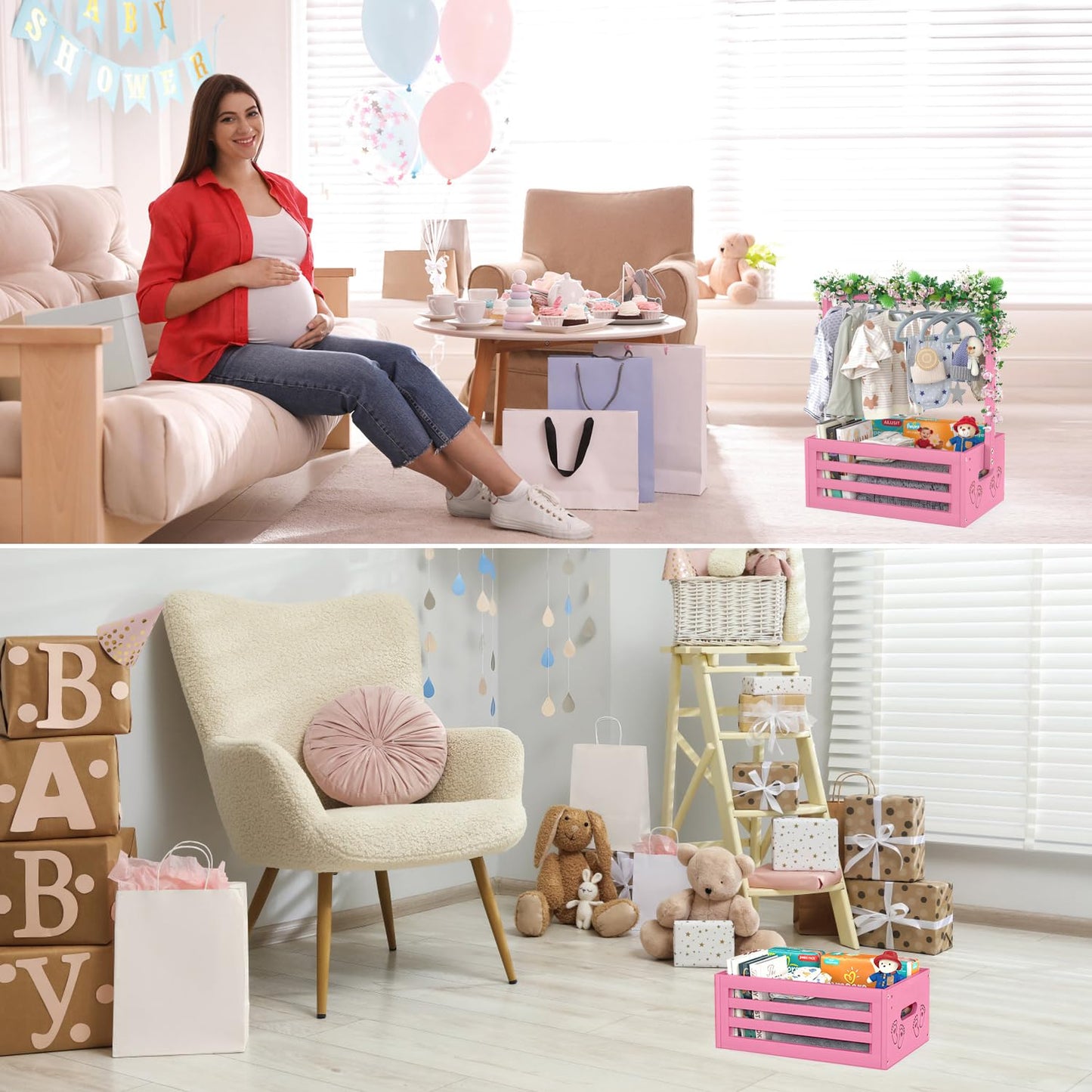 Baby Shower Crate Closet, Baby Baskets with Hangers Handle, Baby Crate Box for Baby Shower, Welcome Gift Basket for Newborn Baby, Pregnancy Gift for New Parents (Pink, Small Size)